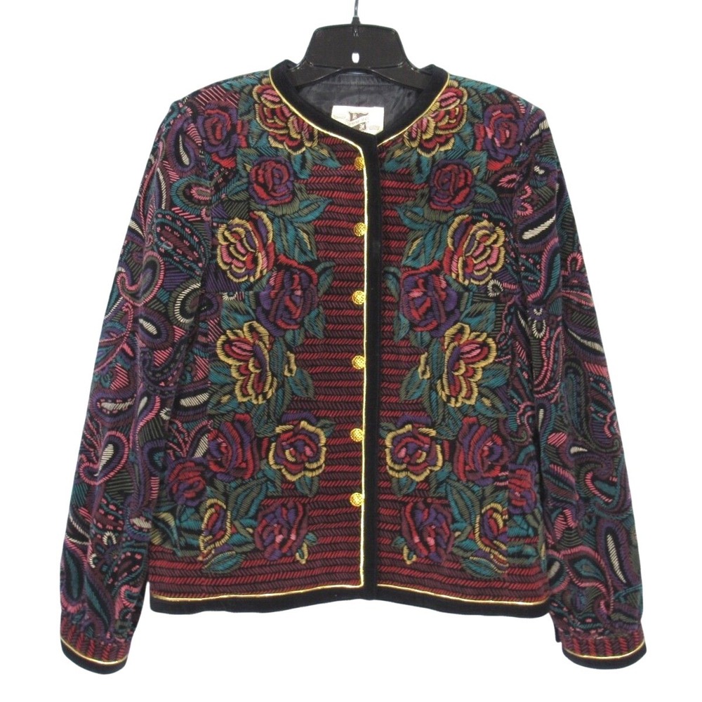 Vtg SAXTON HALL Black/Multi FLORAL PAISLEY Velvet BUTTON-UP Evening JACKET TOP 8
